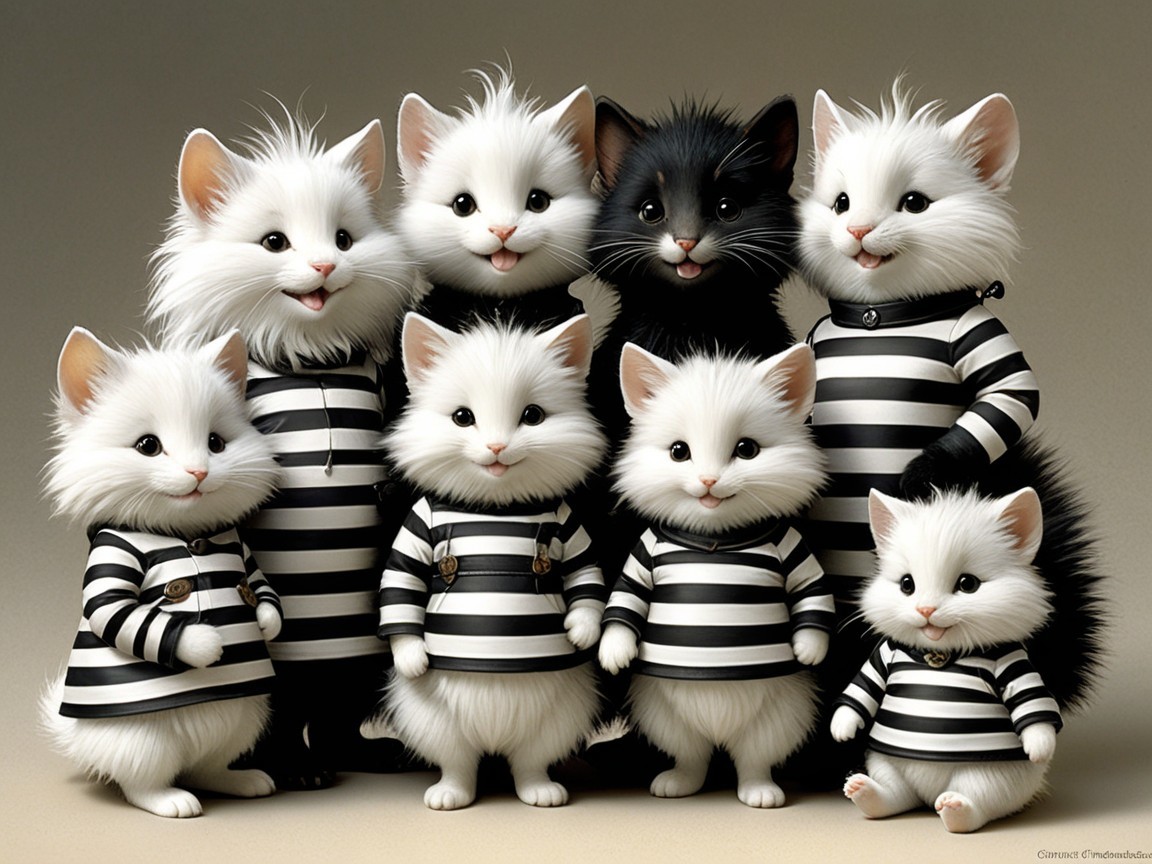Group of Eight Cats in Matching Striped Shirts