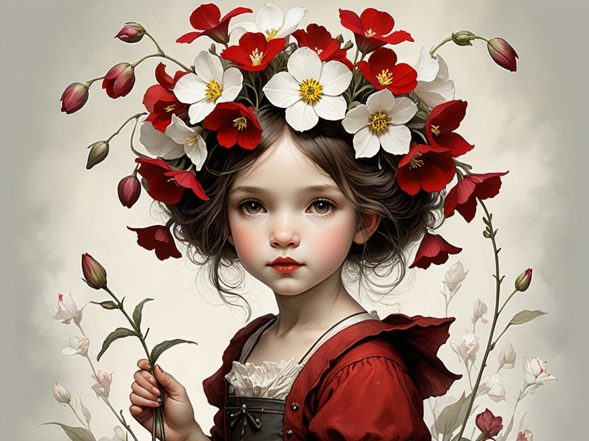 Young girl in red dress among blooming flowers