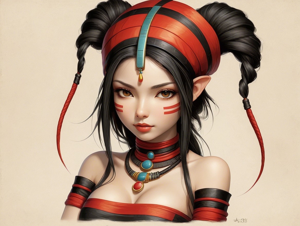 Stylized female character with tribal markings and attire