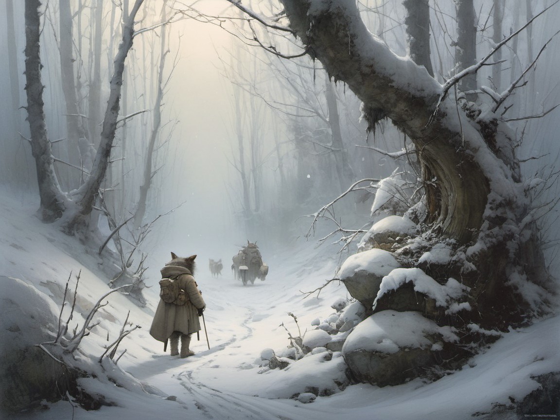 Winter Forest Scene with Fox-Masked Figure and Creatures