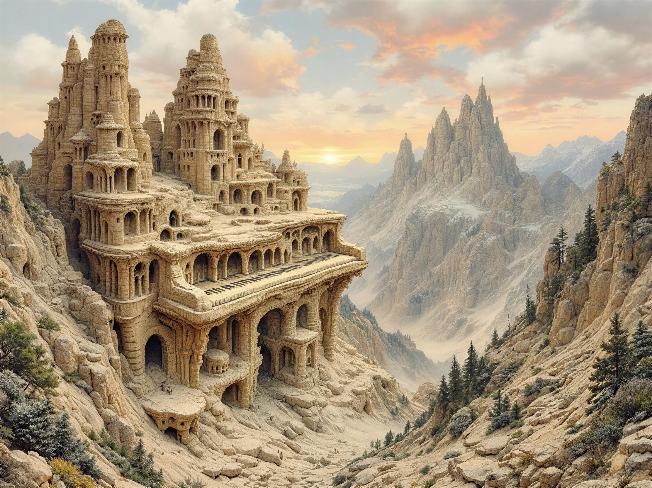 Colossal Desert Piano Castle in Dramatic Sunrise Sky