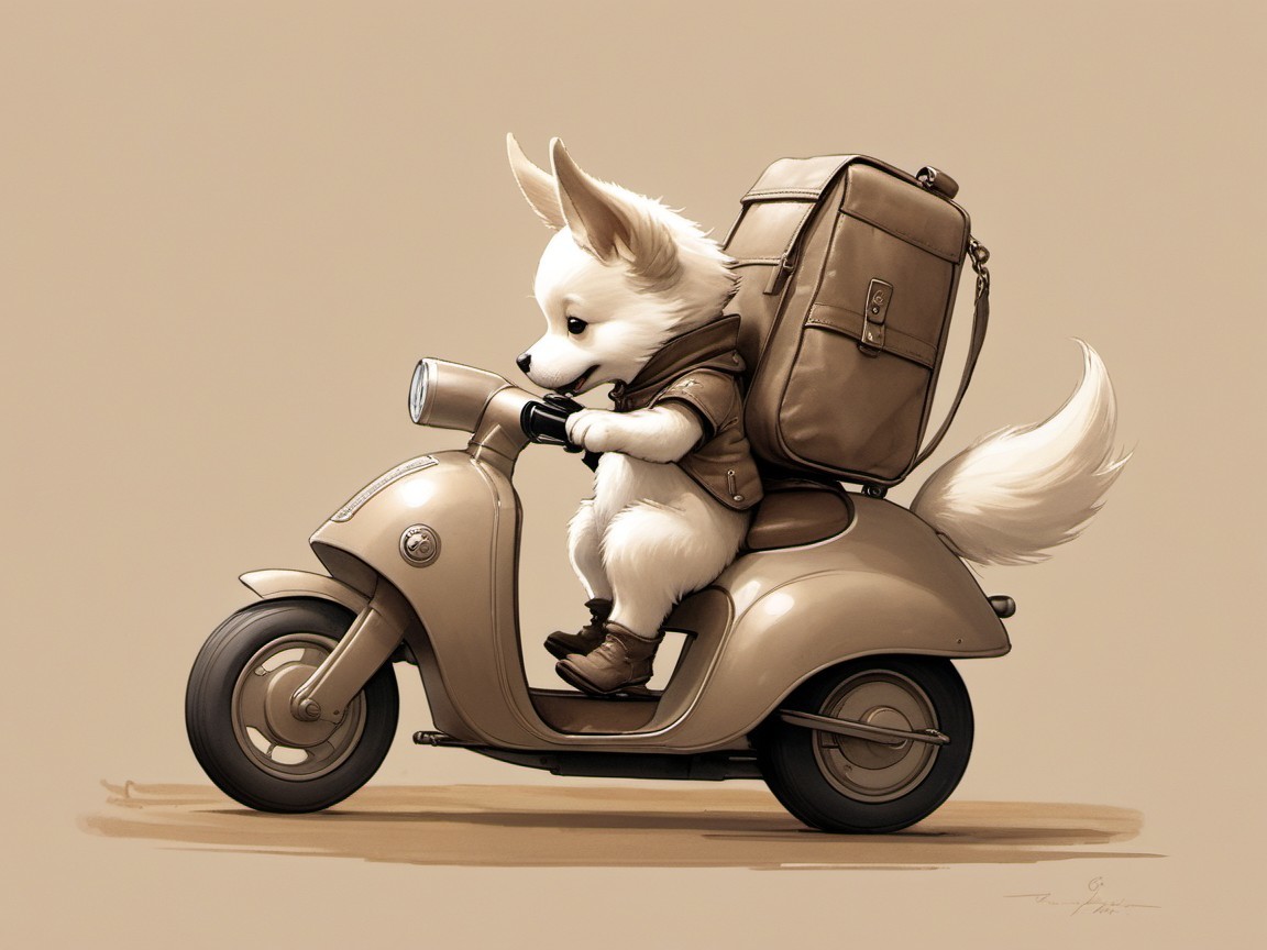 White Chihuahua Puppy on Vintage Scooter in Digital Art
