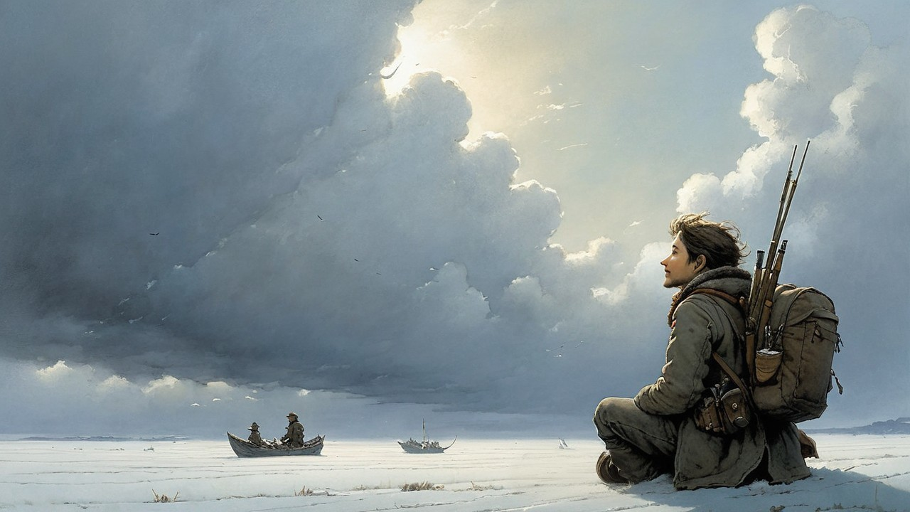 Young Person in Snowy Landscape with Dramatic Sky