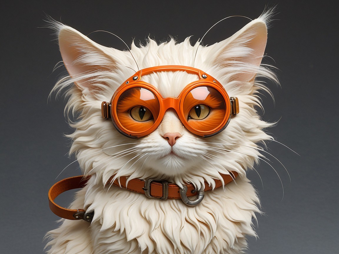 Fluffy cream cat with orange goggles and brown collar