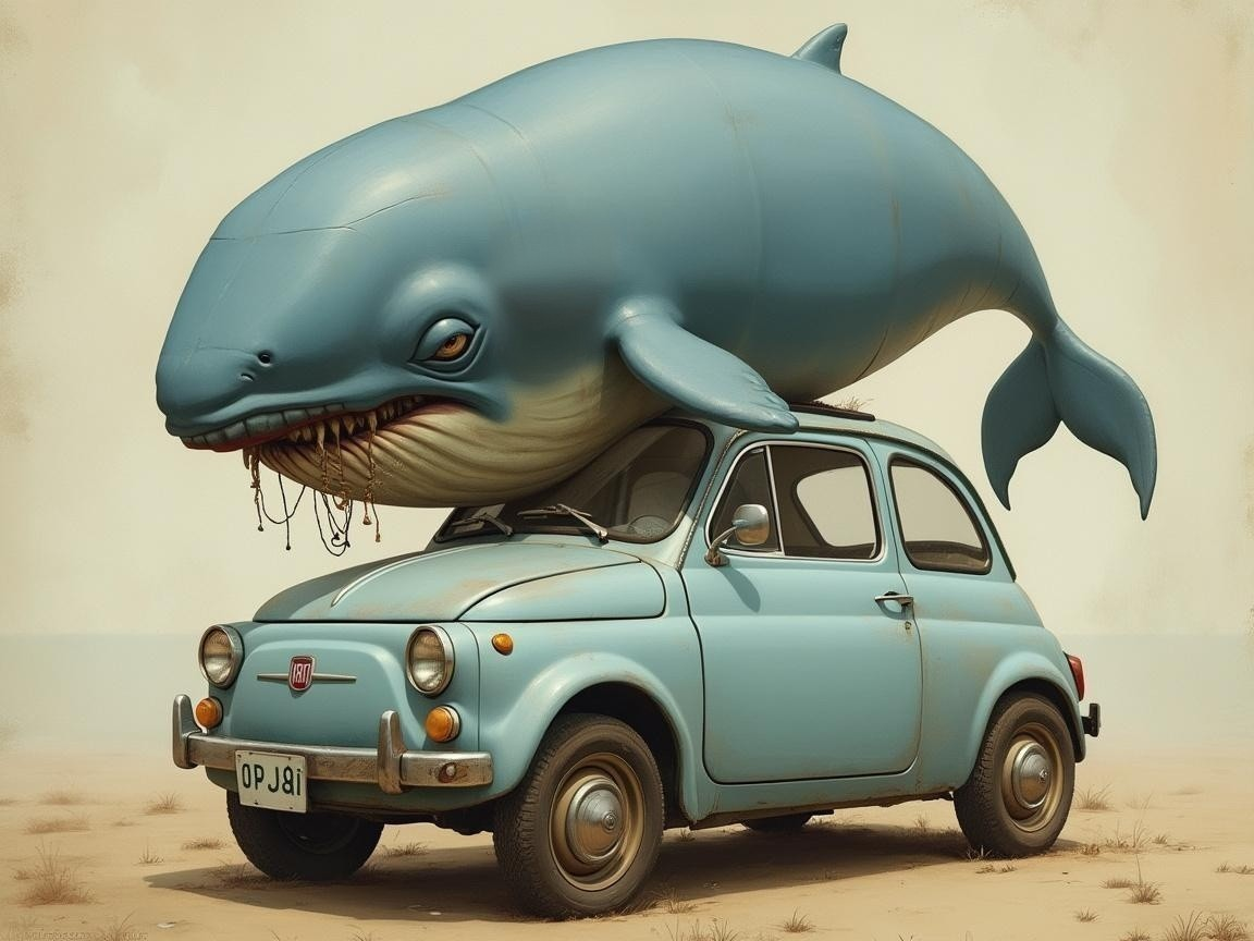 Whimsical Scene of Blue Car with Cartoon Whale Balance