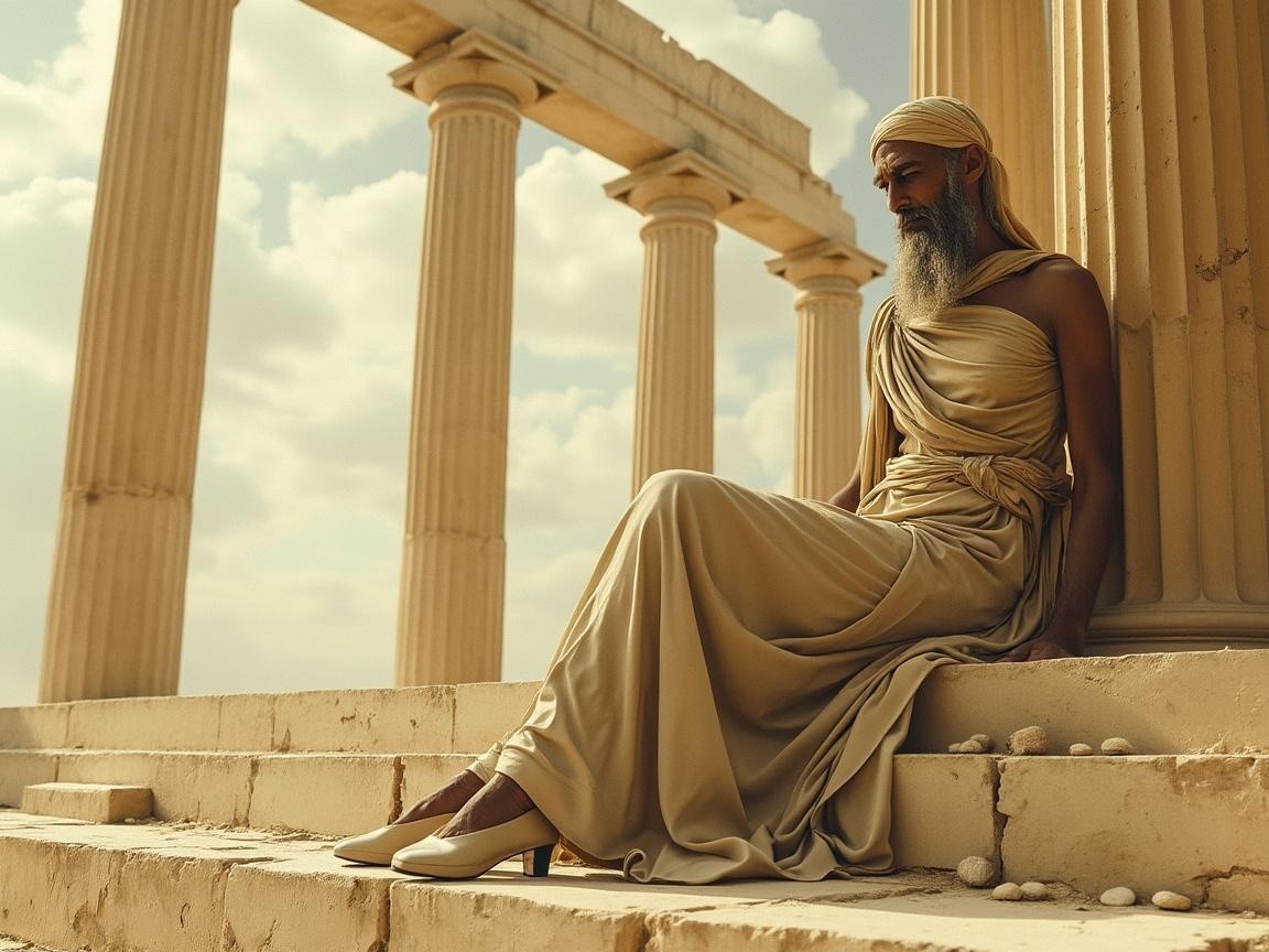 Serene Figure in Gold Fabric on Ancient Stone Steps