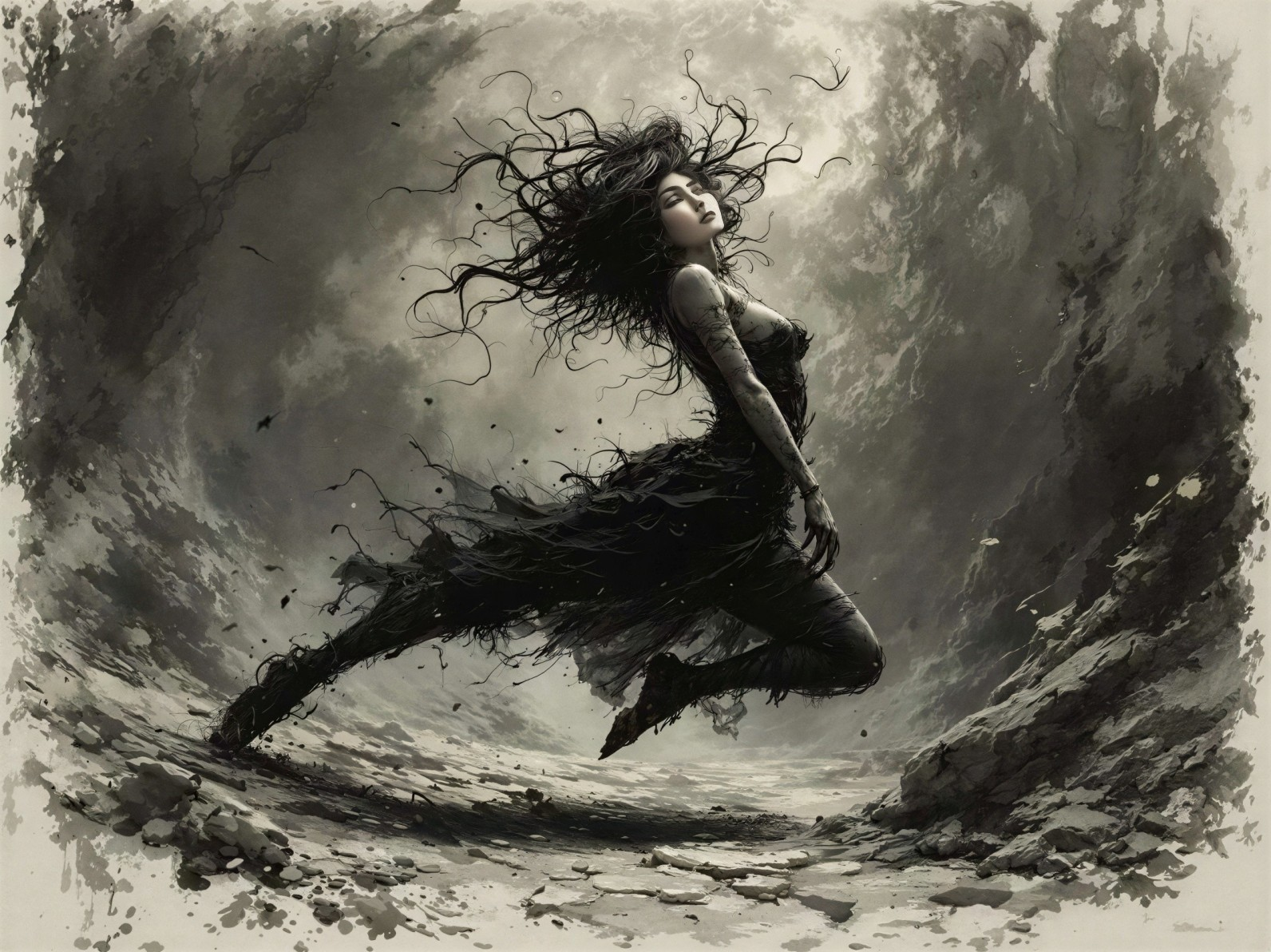 Monochromatic close-up of a witch in darkness