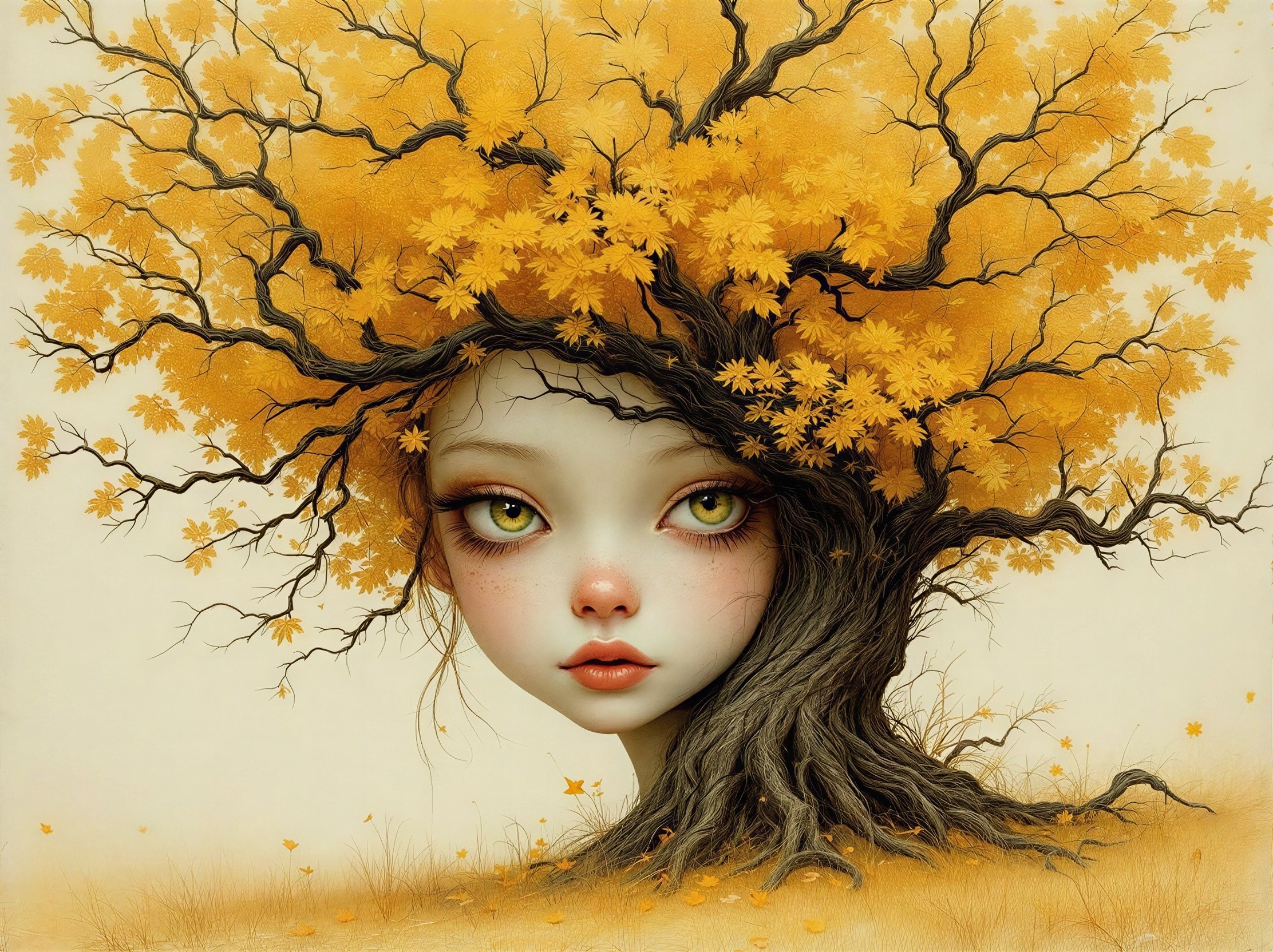 Digital painting of girl with tree hair and autumn leaves