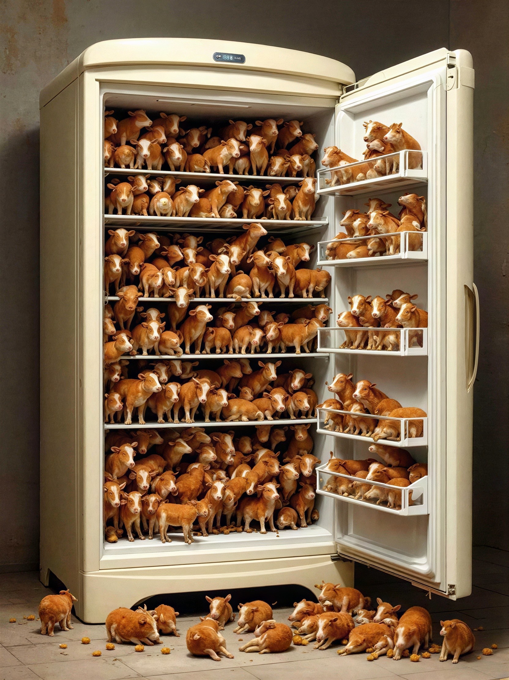 Refrigerator Filled with Miniature Cows and Oranges