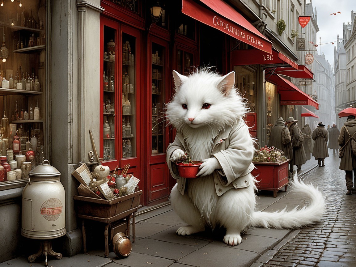 Fluffy White Cat in Beige Coat on Charming Street