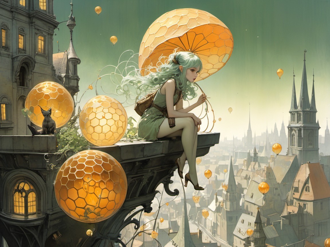 Whimsical Cityscape with Young Woman and Balloons
