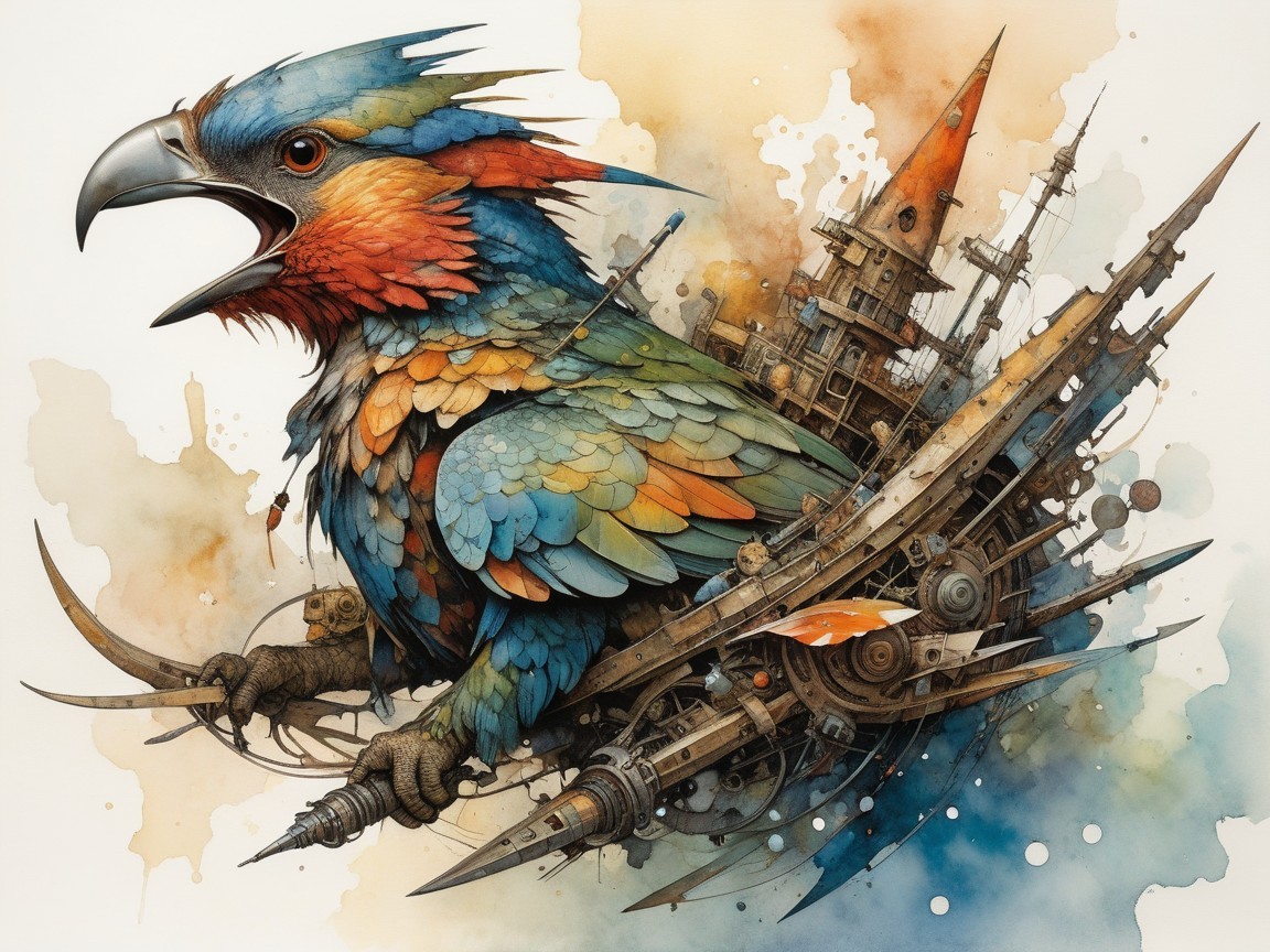 Vibrant Parrot in Whimsical Steampunk Setting