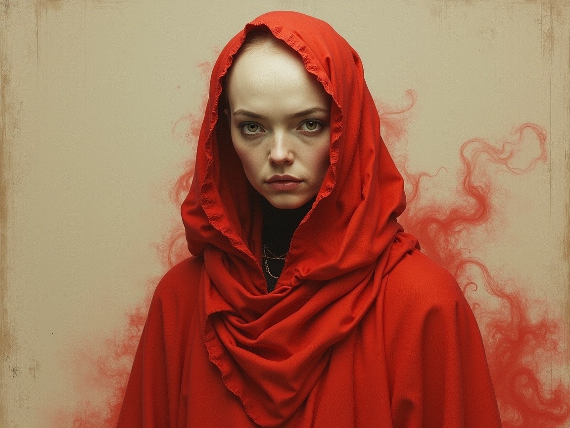 Portrait of a woman in a red hooded cloak with smoke