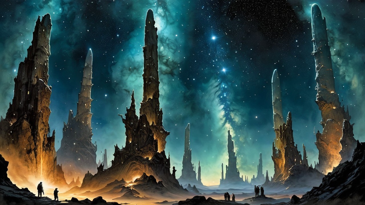 Alien Landscape with Stone Spires and Starry Sky