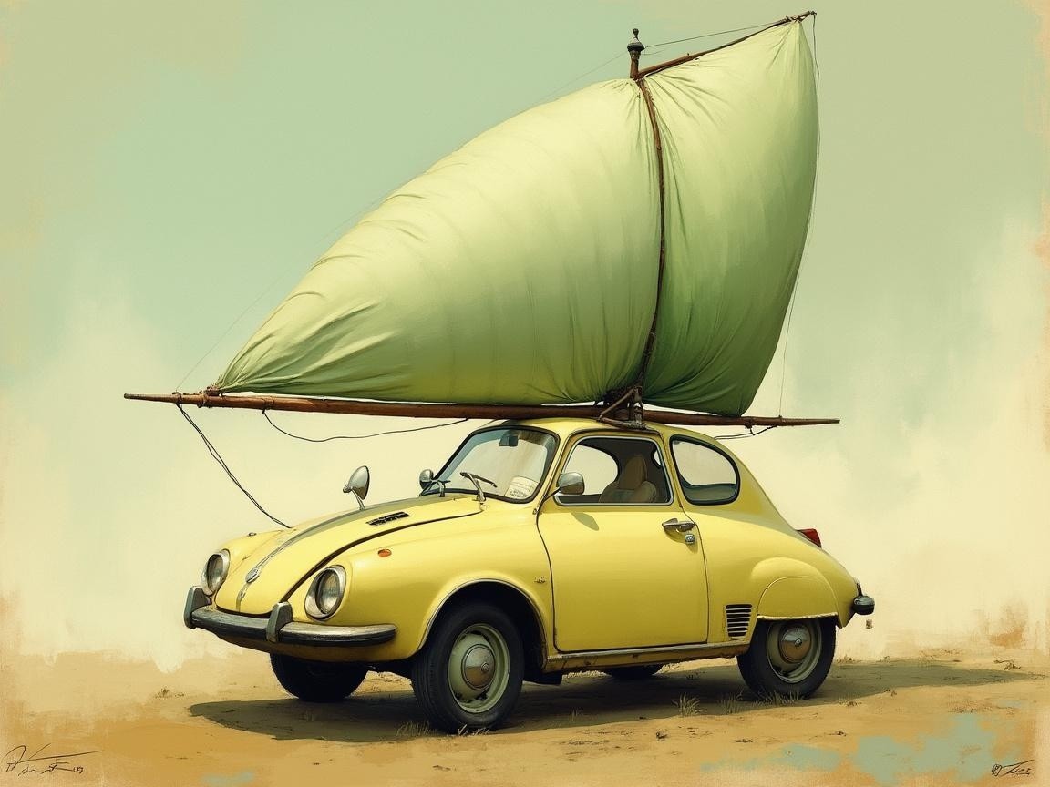 Whimsical Yellow Car with Green Sail on Sandy Surface