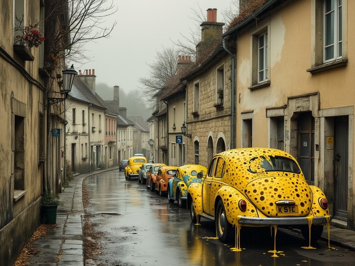 Foggy Village Street with Colorful Leopard-Spotted Cars