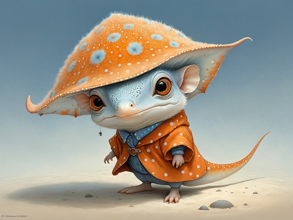 Whimsical Creature in Polka Dot Coat and Starry Hat
