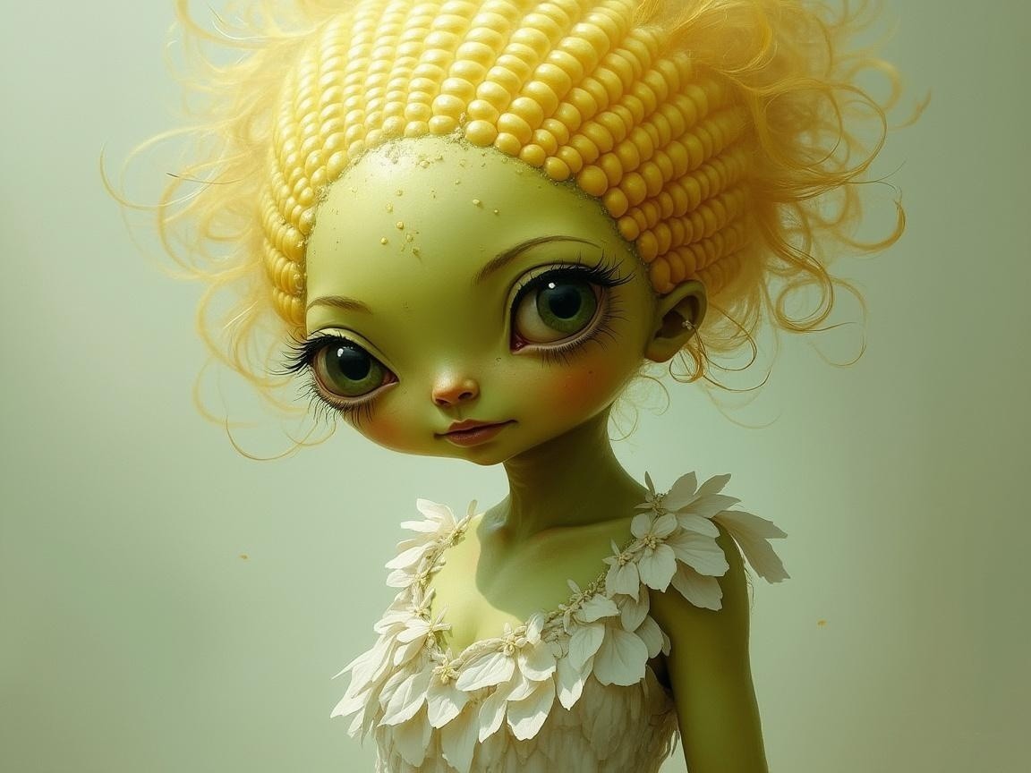 Whimsical Character with Green Skin and Floral Outfit