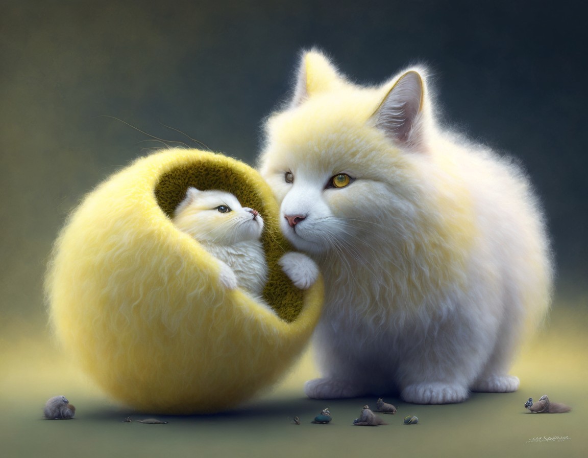 Fluffy Pale Yellow Cats in a Nurturing Setting