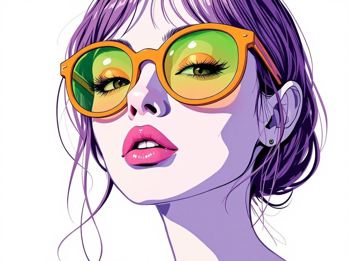 Stylized portrait of a woman with purple hair and sunglasses
