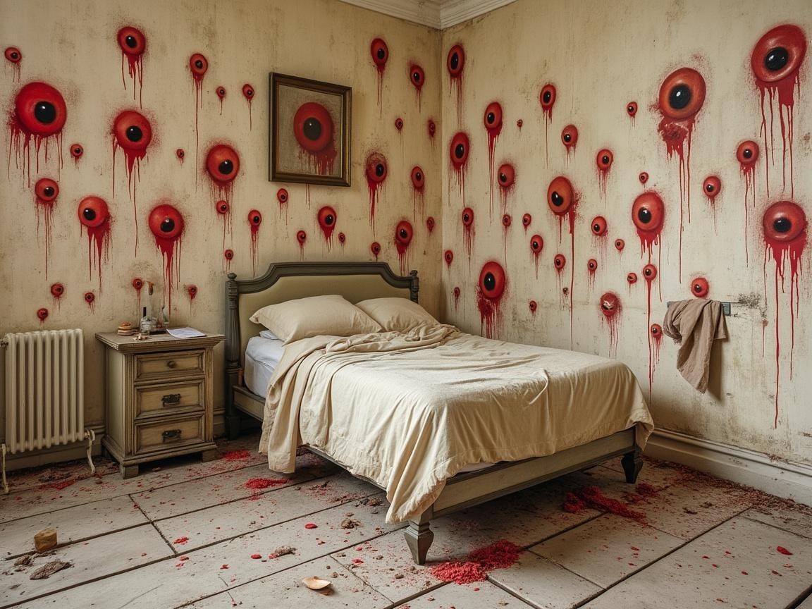 Unsettling Room with Dripping Red Eyes and Debris