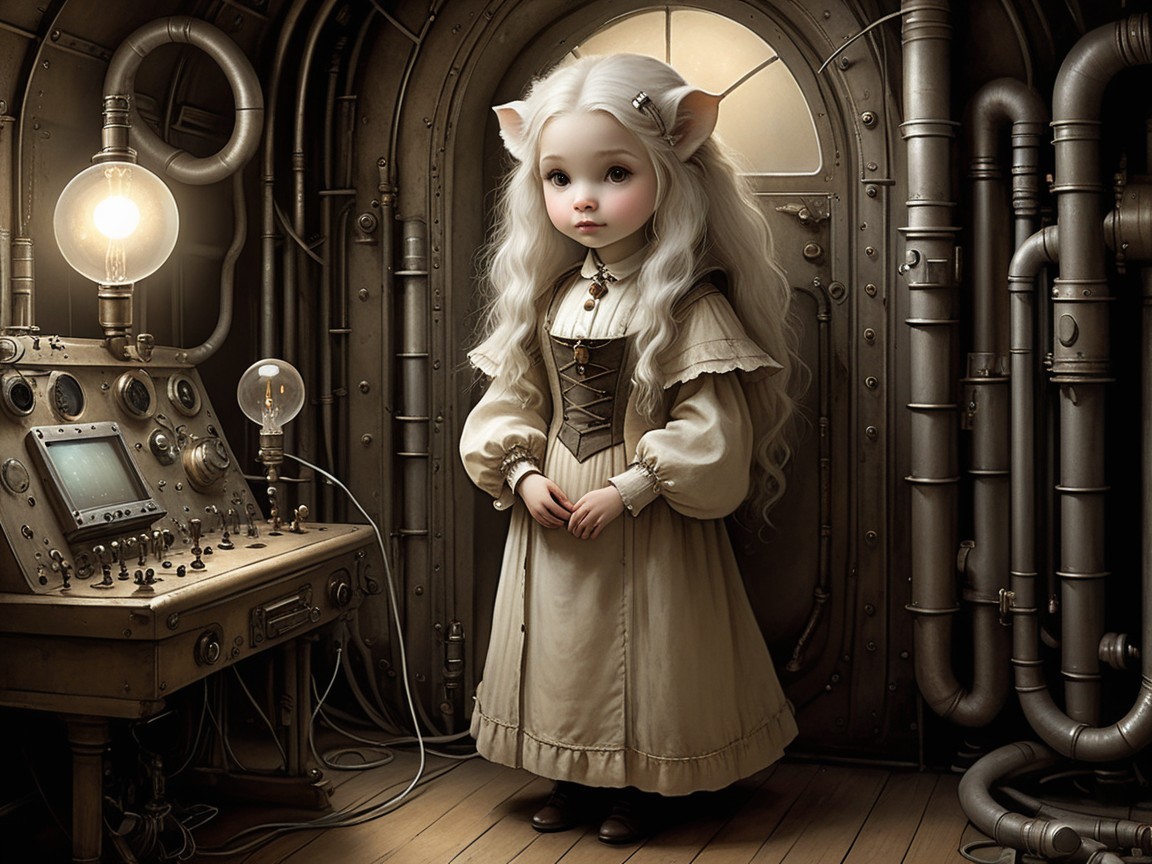 Whimsical Doll Character in Steampunk Setting