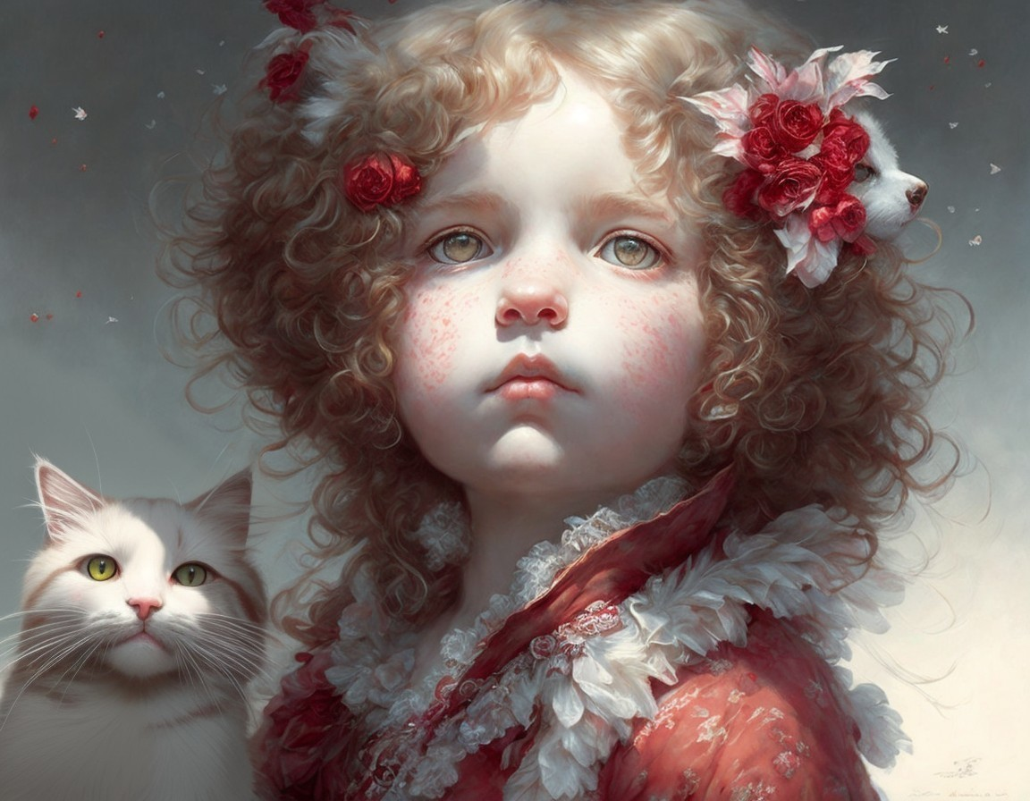 Young girl with flowers and cat in pastel colors