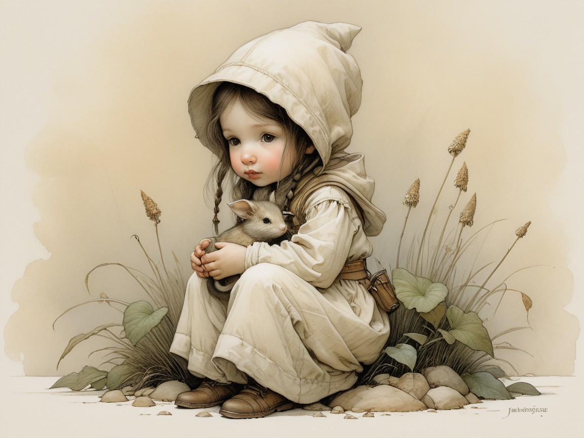 Young girl in cloak holding rabbit in serene setting