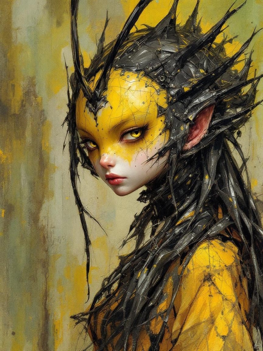 Elongated figure with vivid yellow skin and sharp features