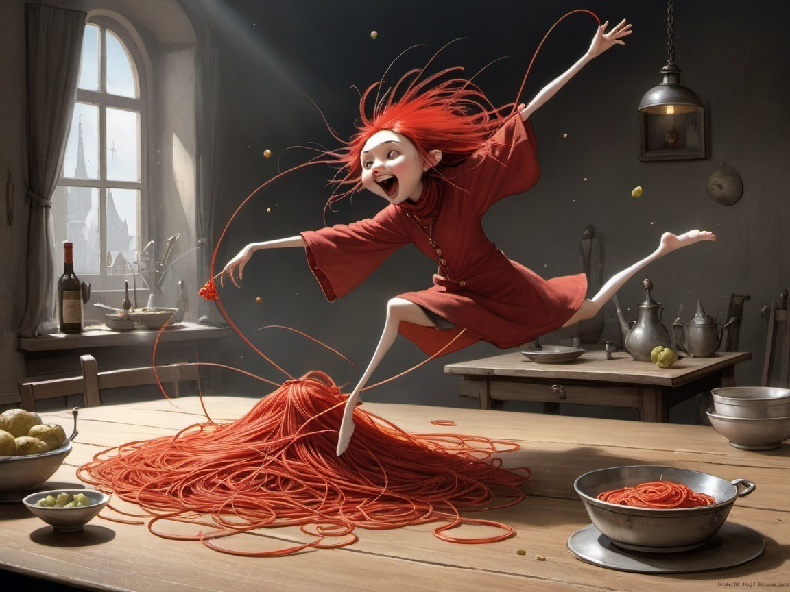 Joyful girl in red dress leaps in cozy kitchen setting
