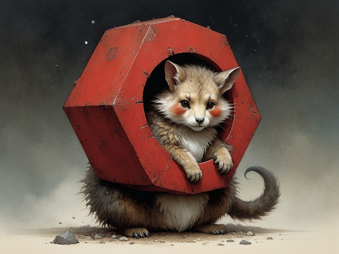 Whimsical Cat-Fox Creature in Red Hexagonal Frame
