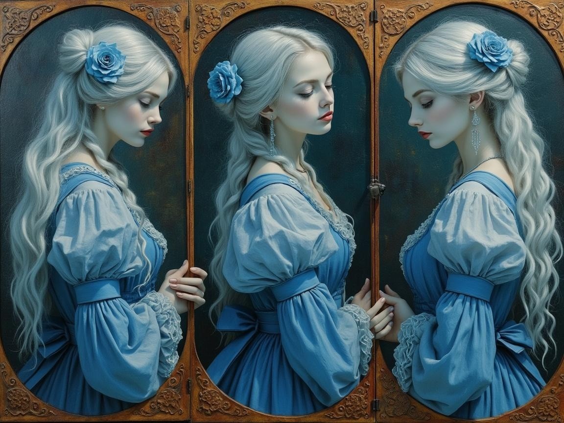 Serene Woman in Three Panels with Vintage Elegance