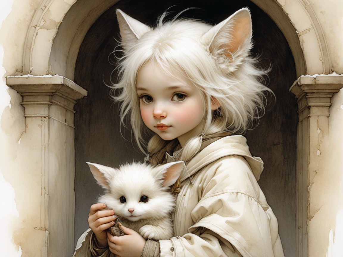 Young child with white hair and cat-like ears holding kitten
