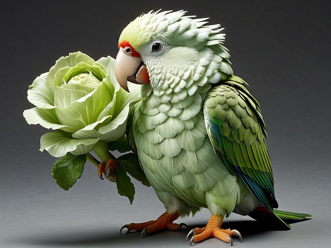Vibrant Parrot with Cabbage Against Gray Background