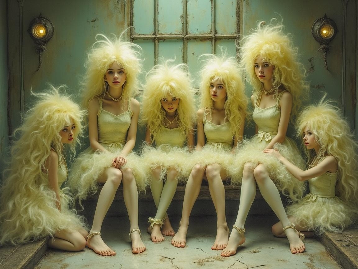 Ethereal Figures in Pastel Yellow Dresses in Dim Room