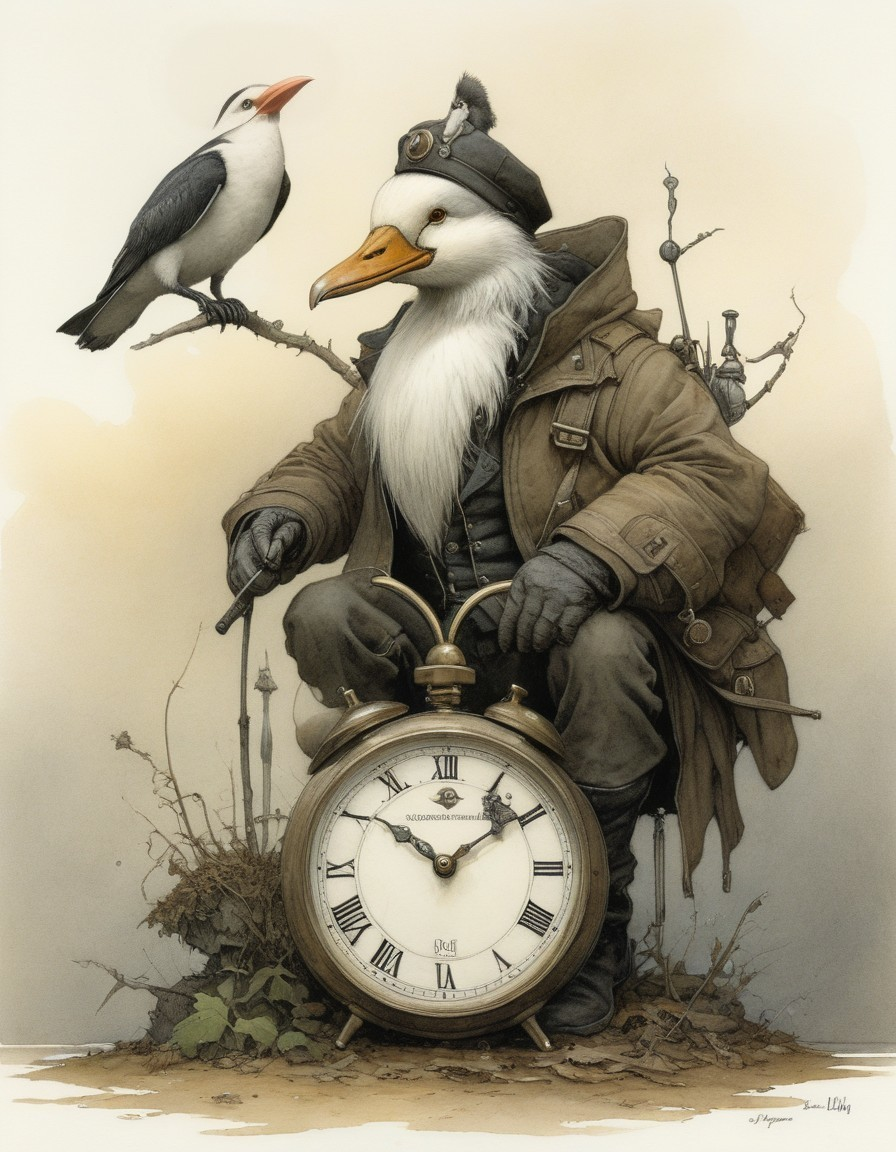 Whimsical Duck-Headed Figure in Vintage Military Coat