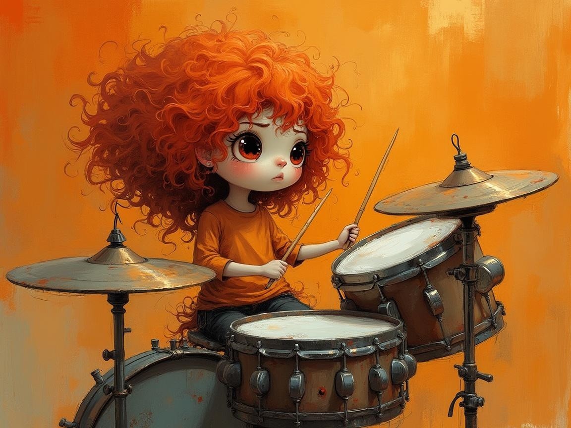 Young girl with orange hair at a vintage drum set