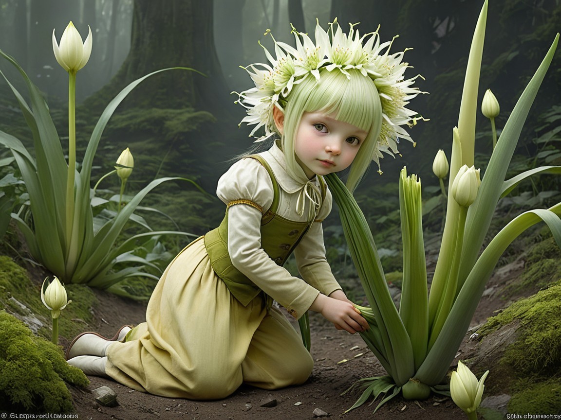 Fairy Child in Lush Forest Tending to Plants