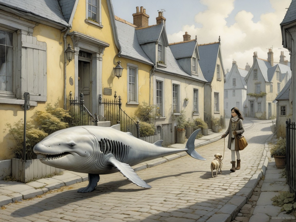 Young girl walks shark-like creature in quaint village