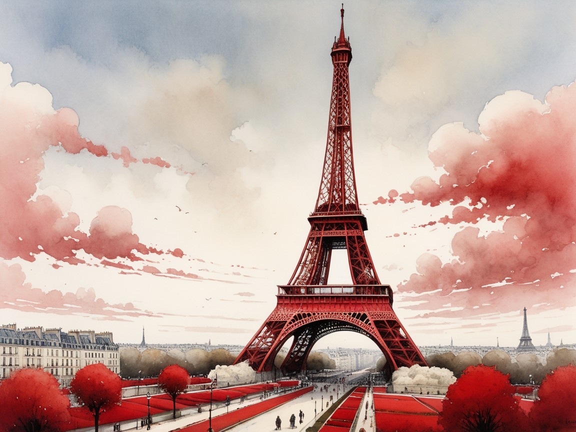 Watercolor Artwork of Eiffel Tower with Red Sky