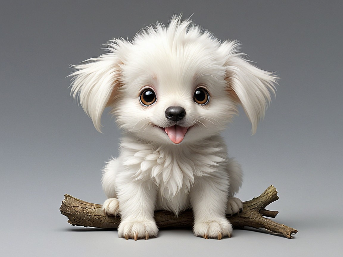 Fluffy White Puppy Playfully Posed on a Branch
