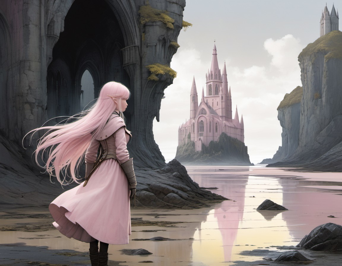 Person with Pink Hair at Beach with Gothic Castle View