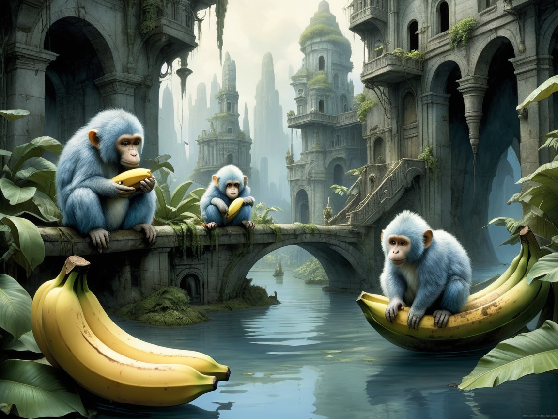 Three Blue Monkeys by a River with Ancient Ruins