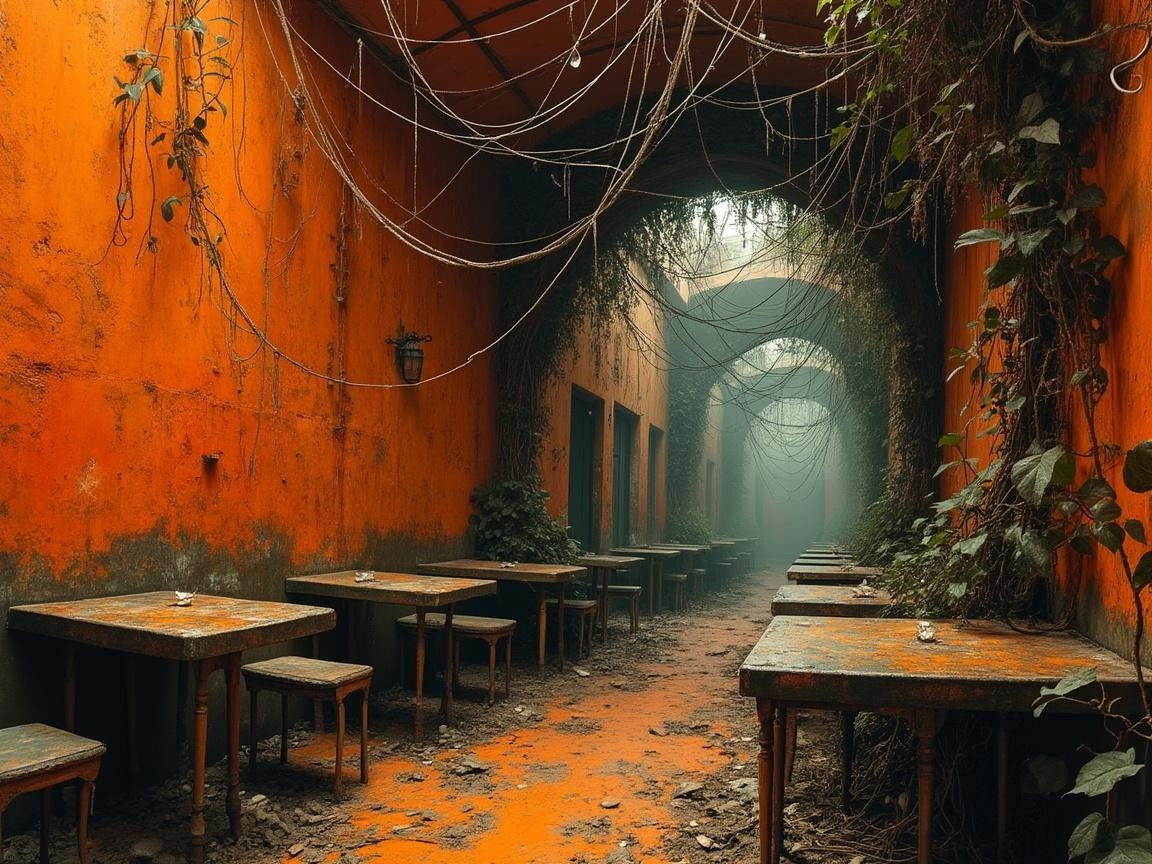 Abandoned Corridor with Weathered Furniture and Vines