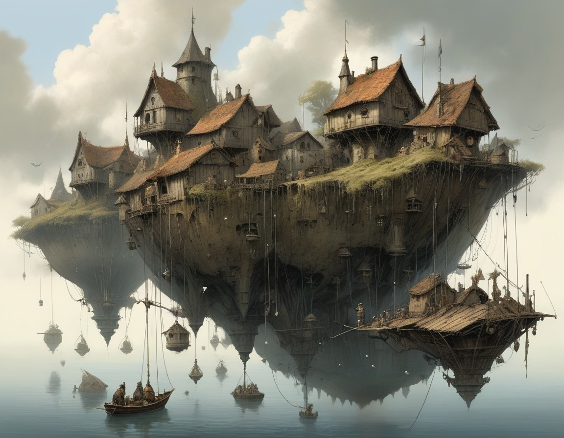 Whimsical Floating Village on Rocky Platforms