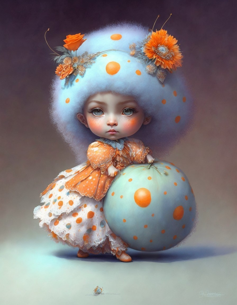 Whimsical Character with Fluffy Blue Hairstyle and Ball