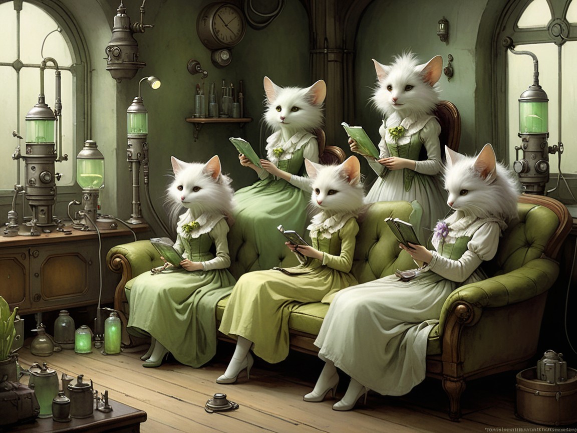 Steampunk Room with Cat-Headed Figures on Couch