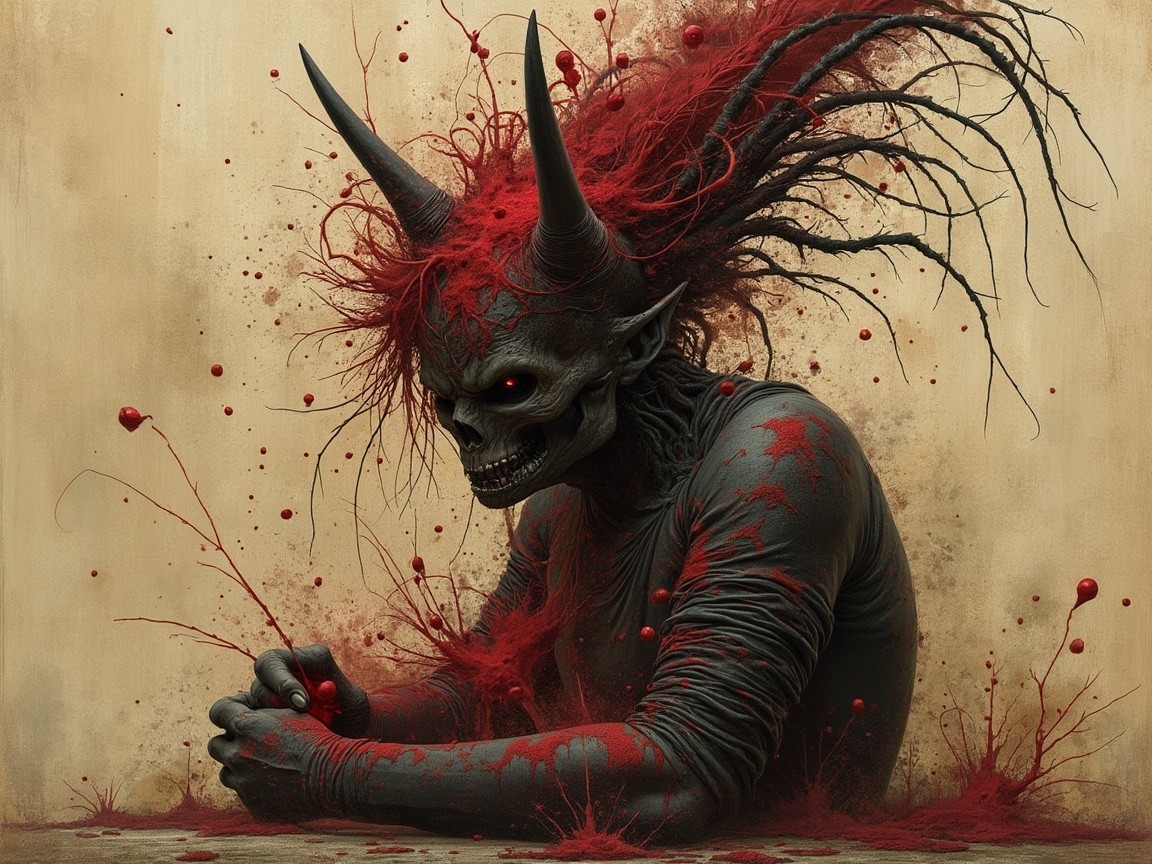 Grotesque Figure with Horns and Skeletal Face