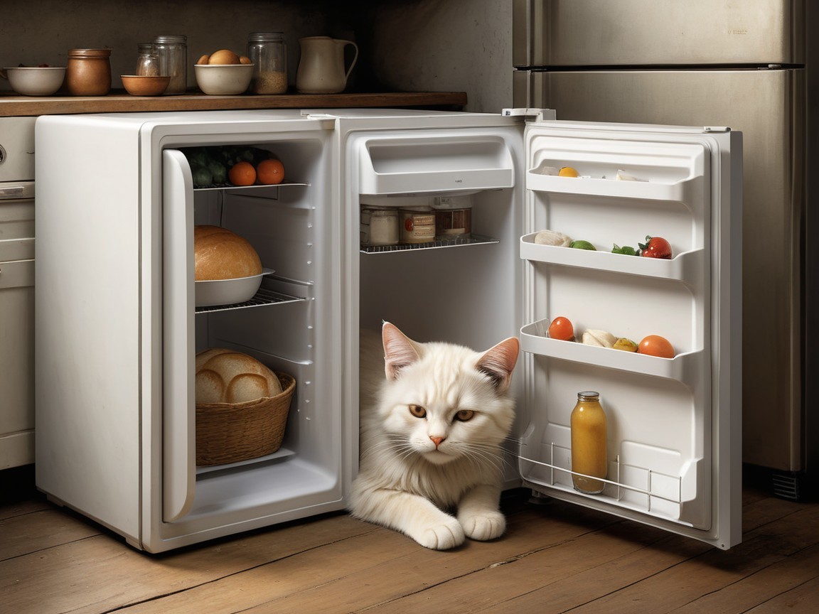 Cozy kitchen with a lounging cat and open refrigerator