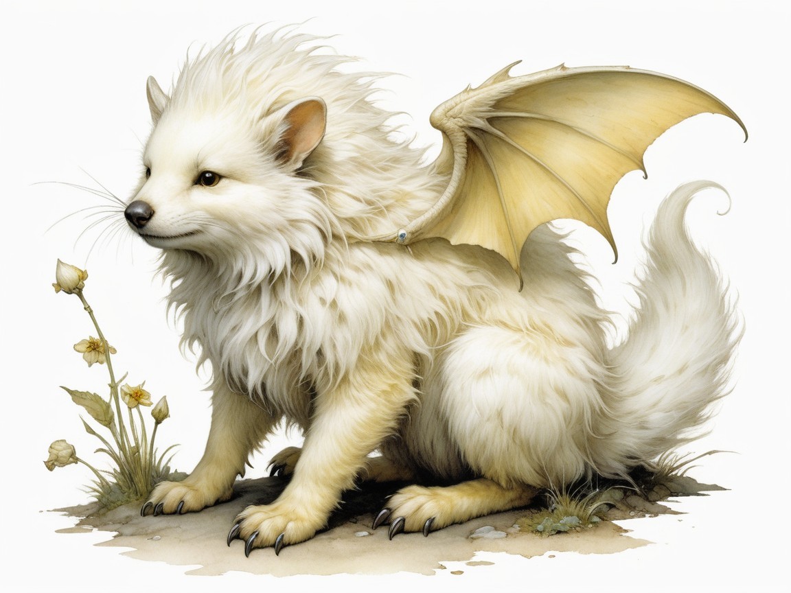 Fluffy White Fox-Like Creature with Bat Wings